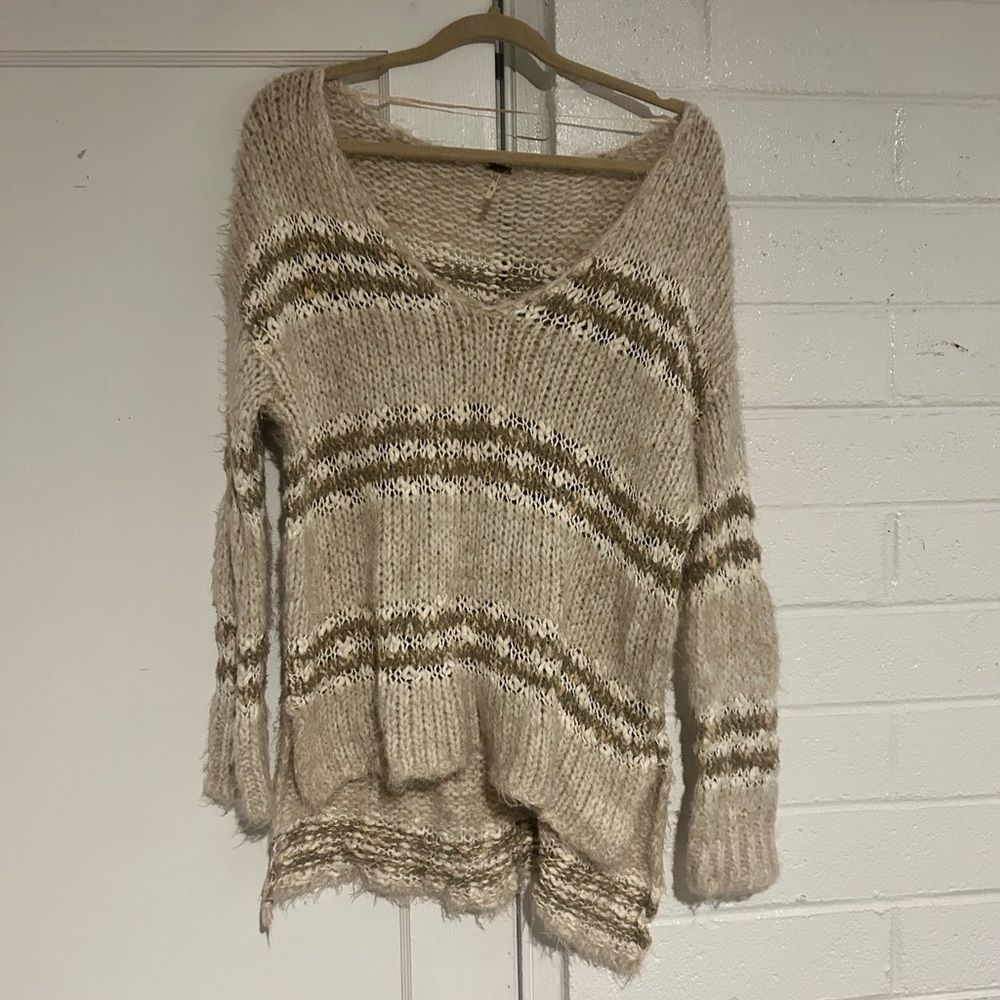 Free People Cream and Brown V-Neck Sweater